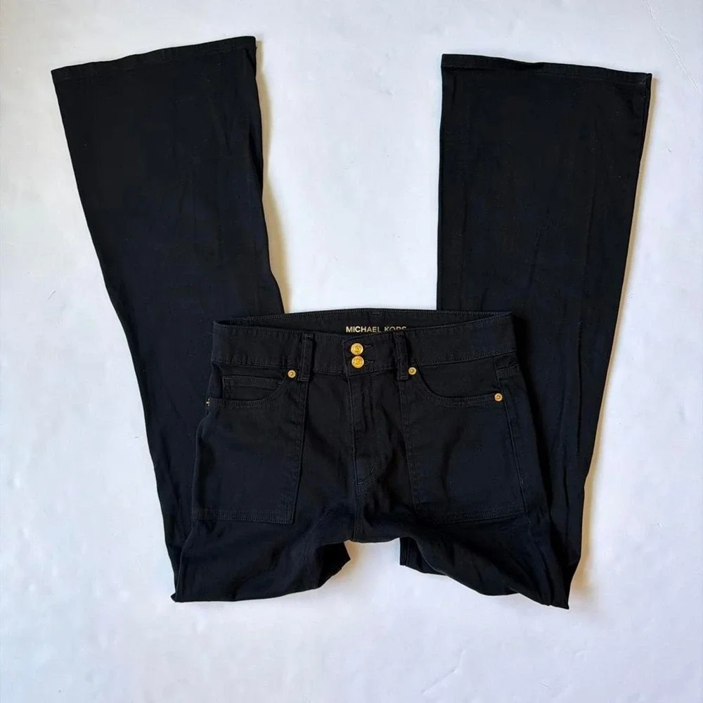 Michael Kors Black Flare Trouser Jeans Gold Double Button Y2K Mcbling Size 8